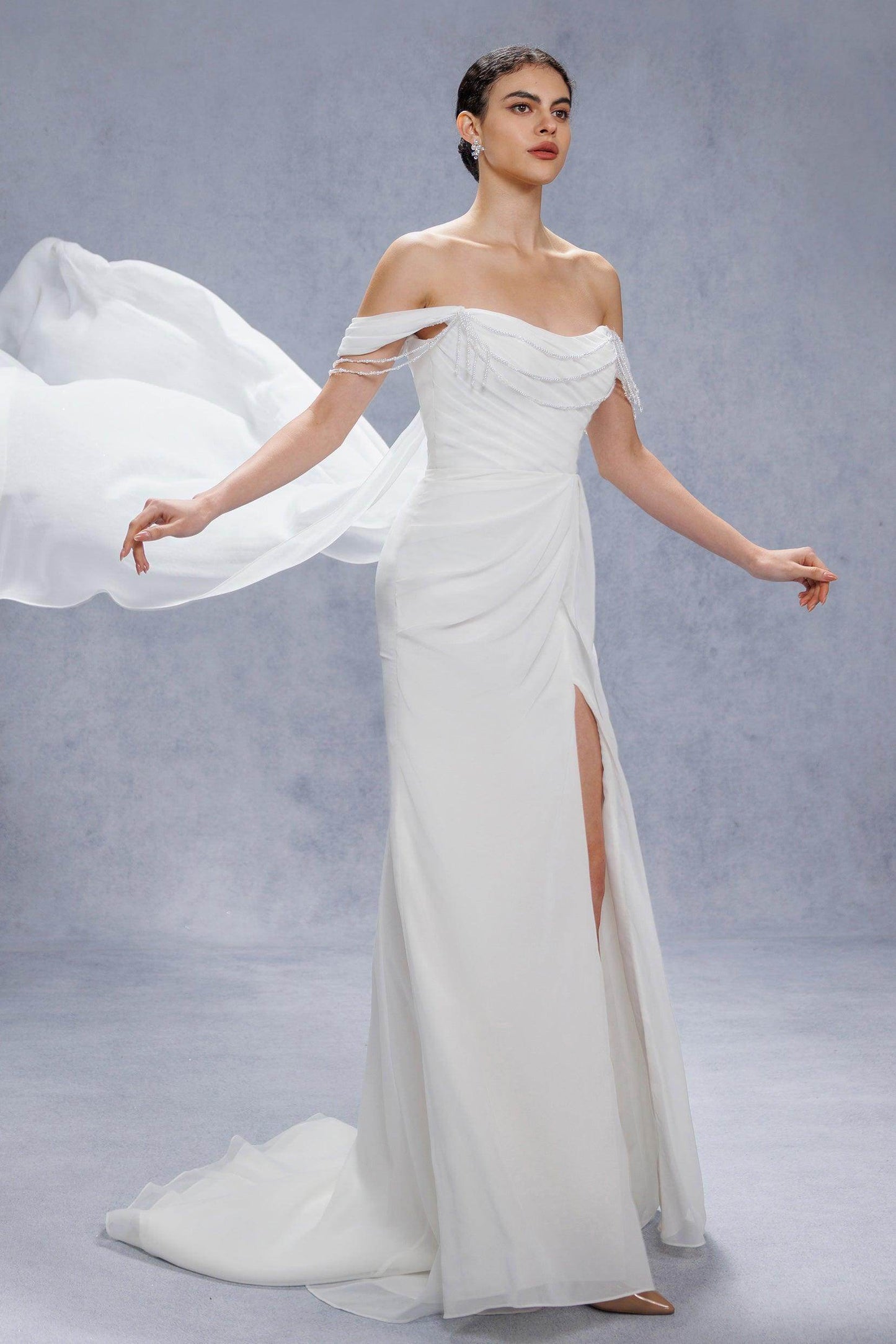 Sheath-Column Chapel Train Chiffon Wedding Dress CW3330 - COCOMELODY