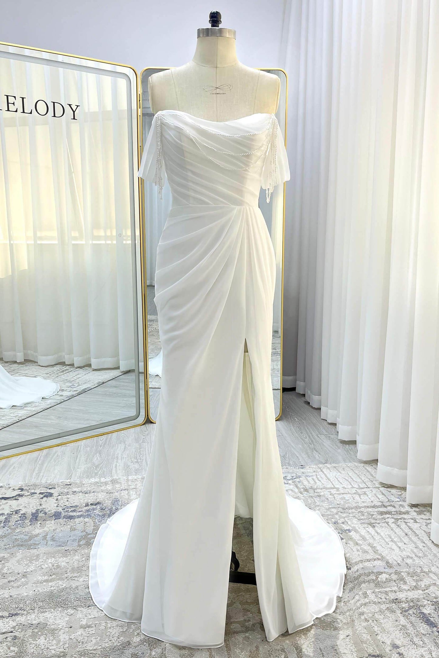 Sheath-Column Chapel Train Chiffon Wedding Dress CW3330 - COCOMELODY