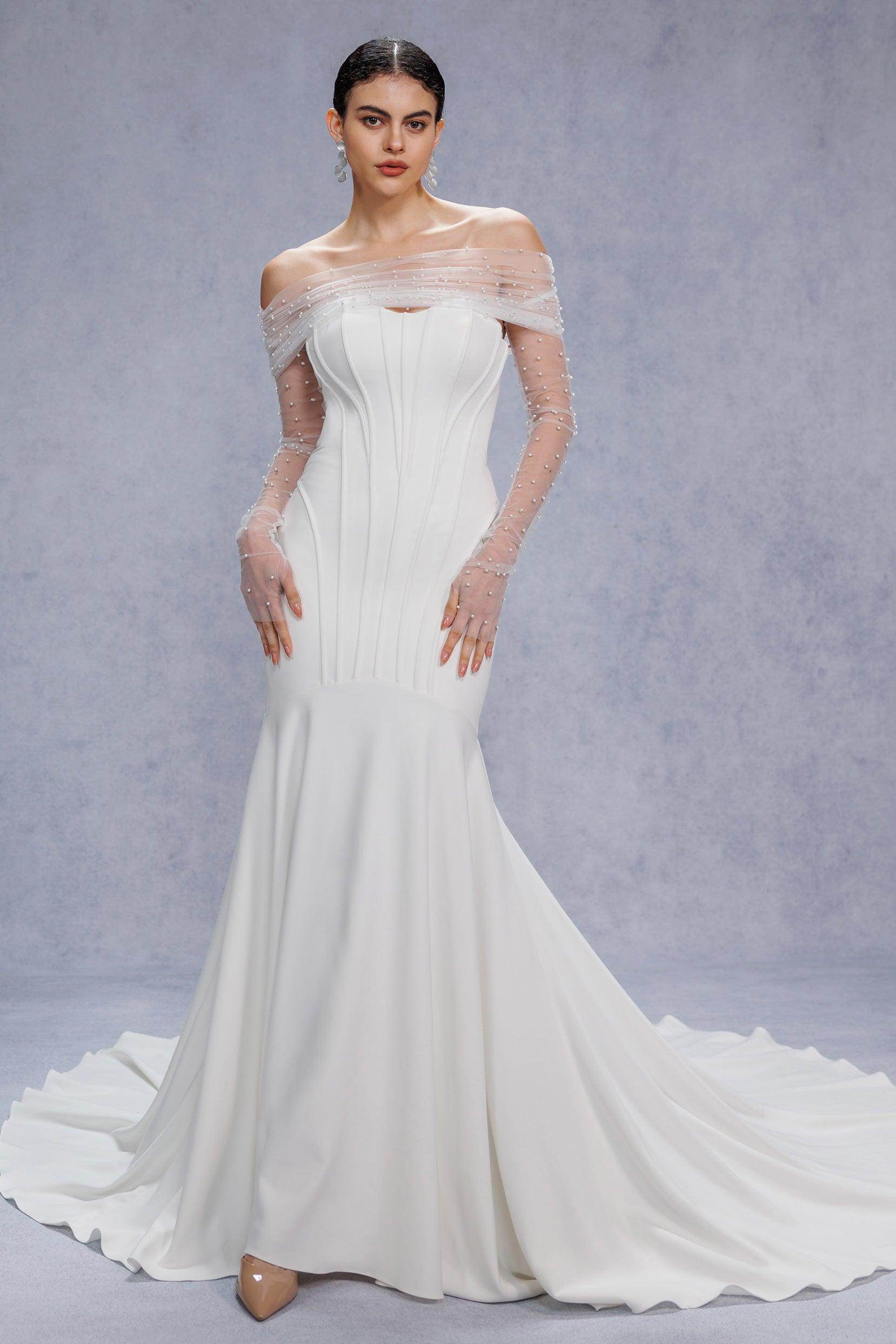 COCOMELODY Trumpet-Mermaid Court Train Stretch Satin Vintage Wedding Dress CW3332, 45 Days / Ivory / US16-UK18-EUR46 COCOMELODY Trumpet-Mermaid Court Train Stretch Satin Vintage Wedding Dress CW3332, 45 Days / Ivory / US16-UK18-EUR46