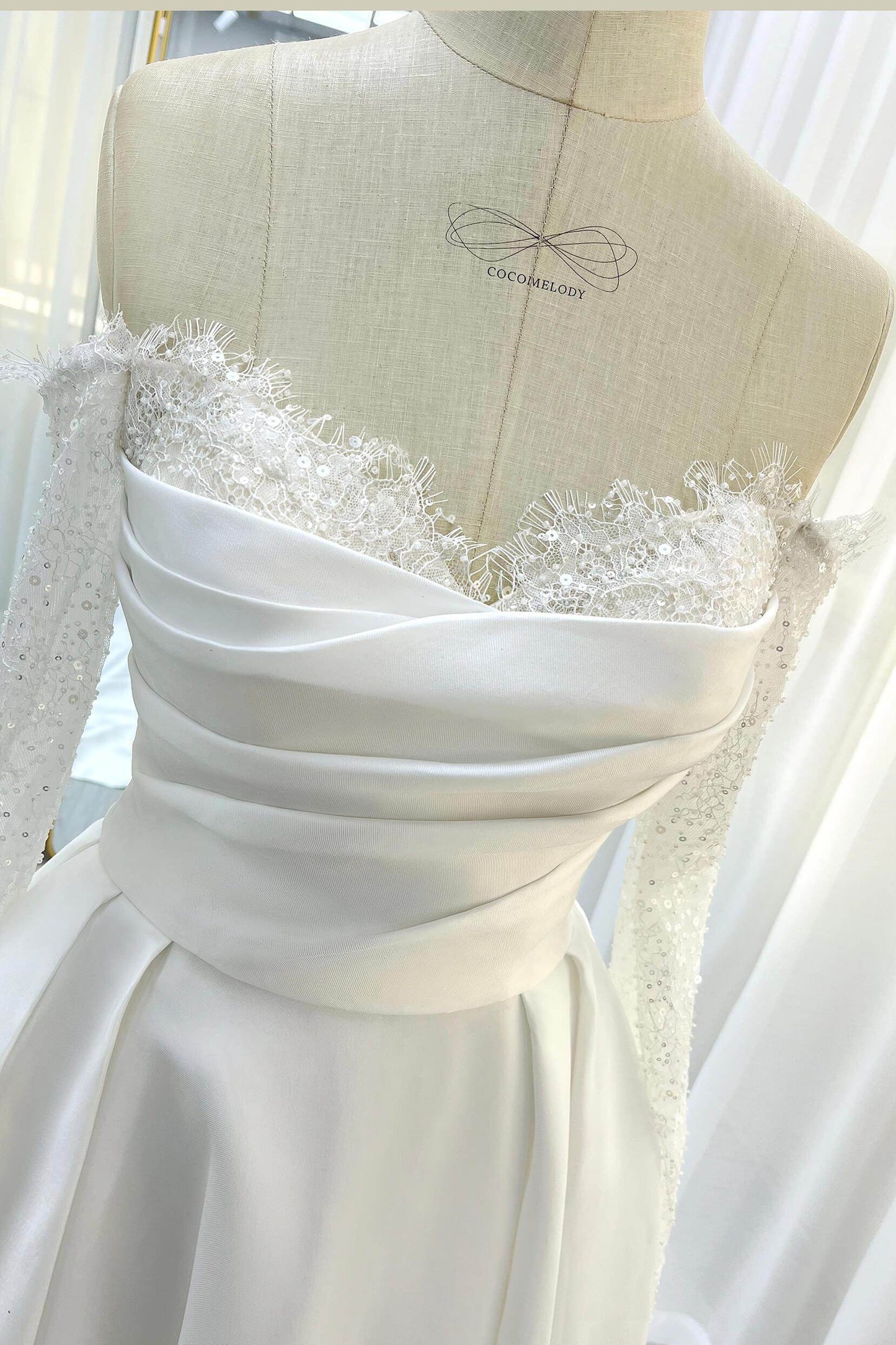 A-Line Court Train Mikado Lace Wedding Dress CW3335 - COCOMELODY