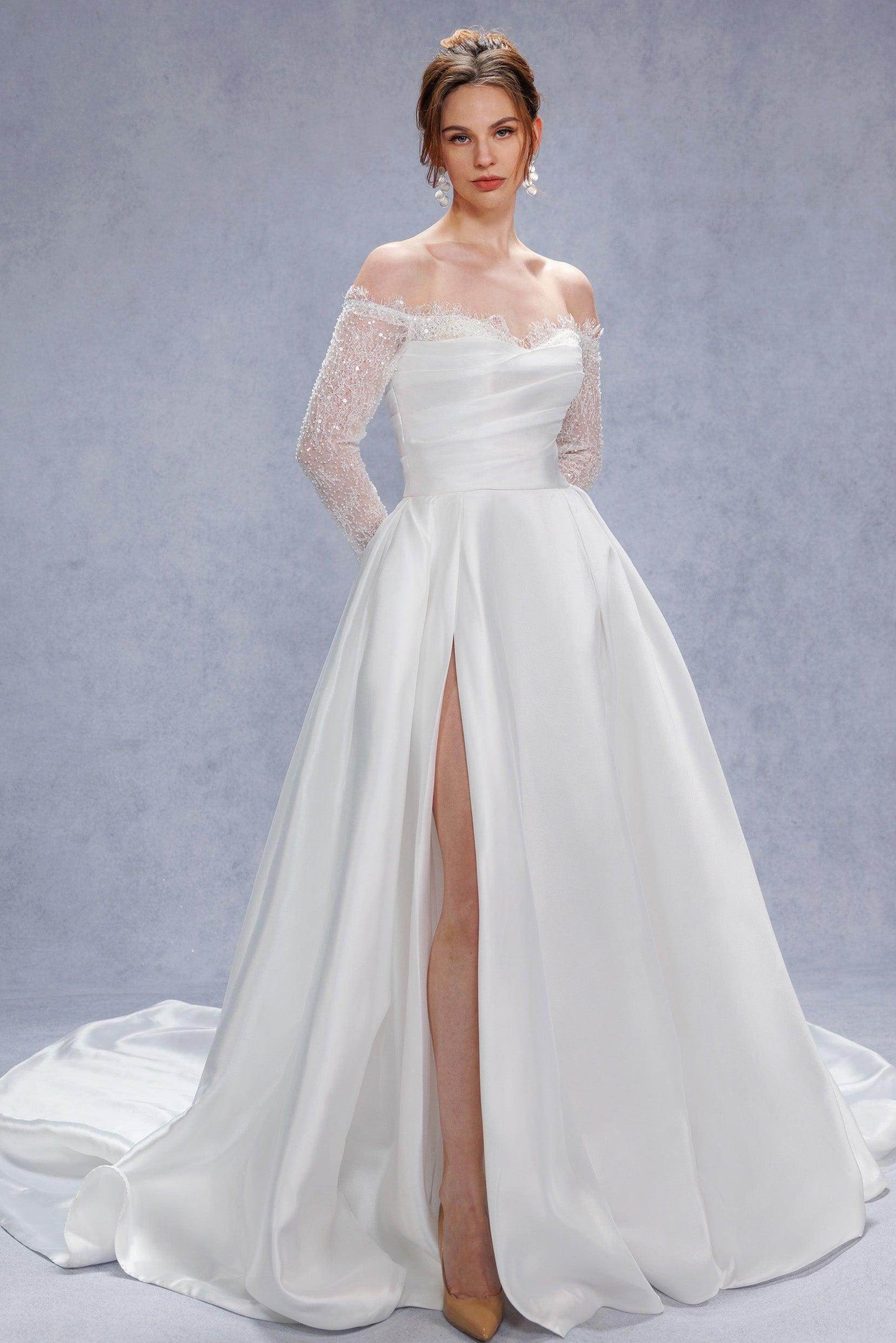 A-Line Court Train Mikado Lace Wedding Dress CW3335 - COCOMELODY