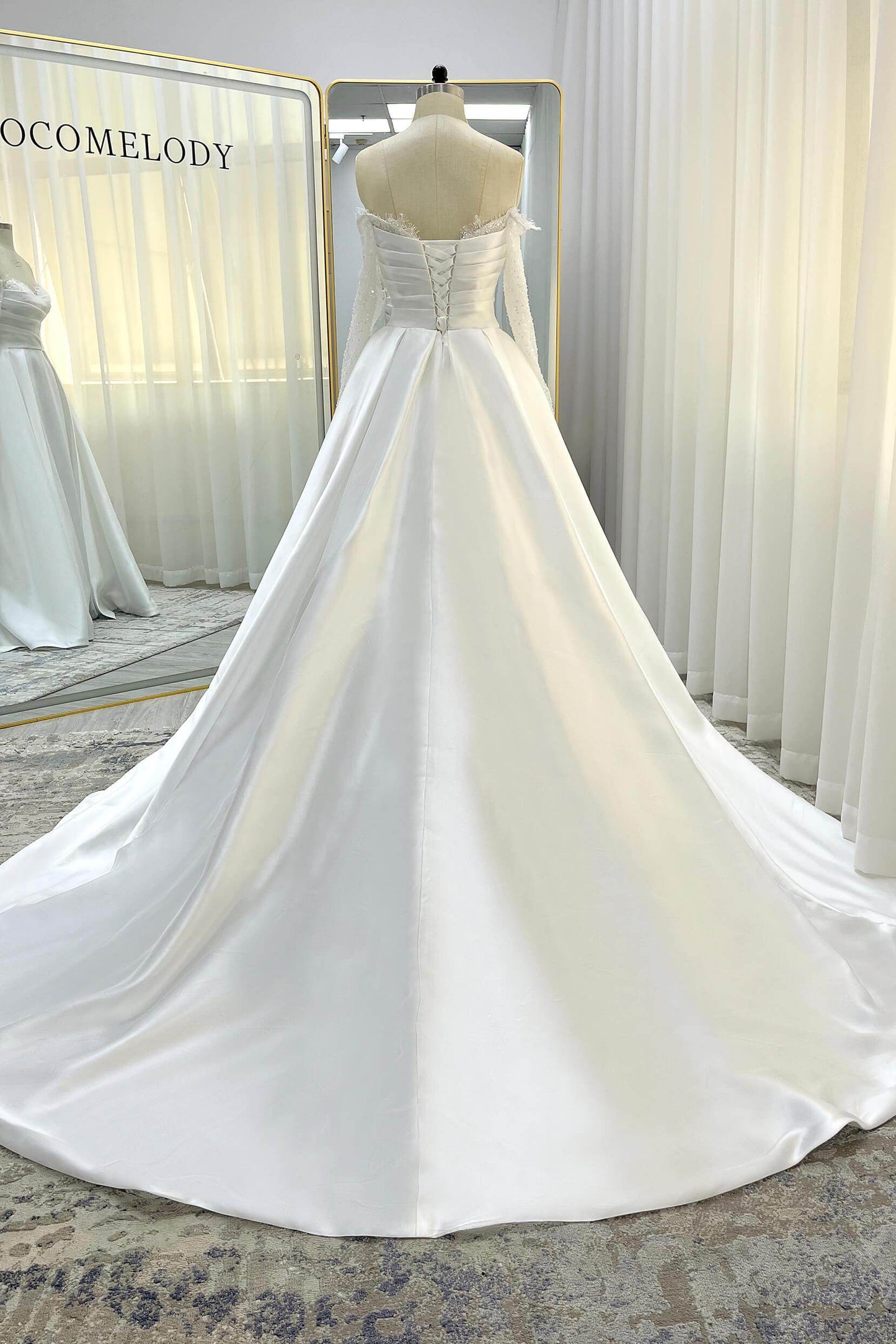 A-Line Court Train Mikado Lace Wedding Dress CW3335 - COCOMELODY