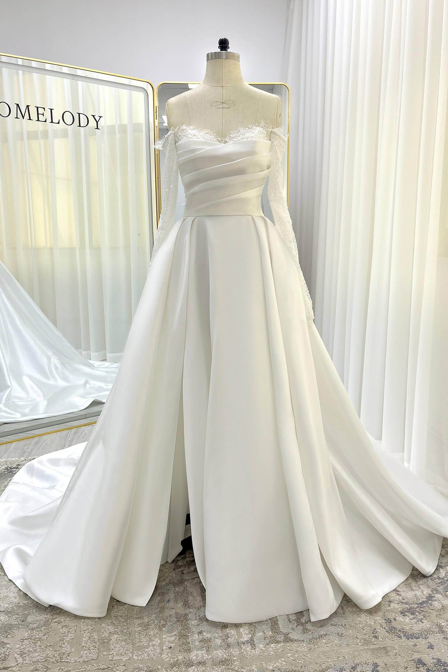 A-Line Court Train Mikado Lace Wedding Dress CW3335 - COCOMELODY