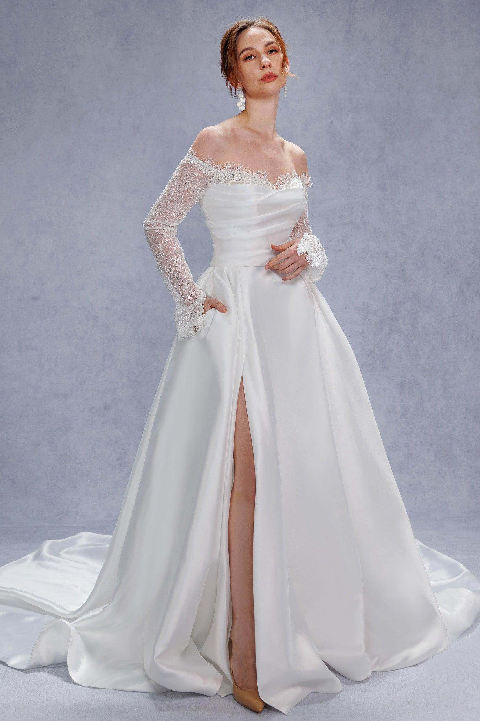 mikado lace wedding dress ESPERANZA: Stretch Mikado and Lace A-Line Wedding Gown with Illusion Neckline