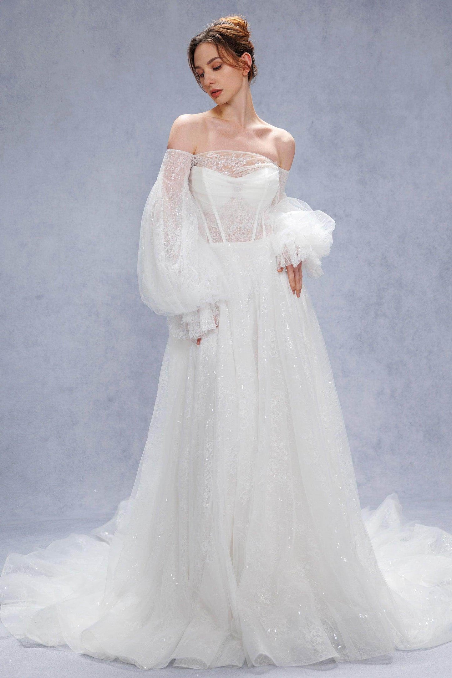 A-Line Court Train Lace Tulle Wedding Dress CW3337 - COCOMELODY