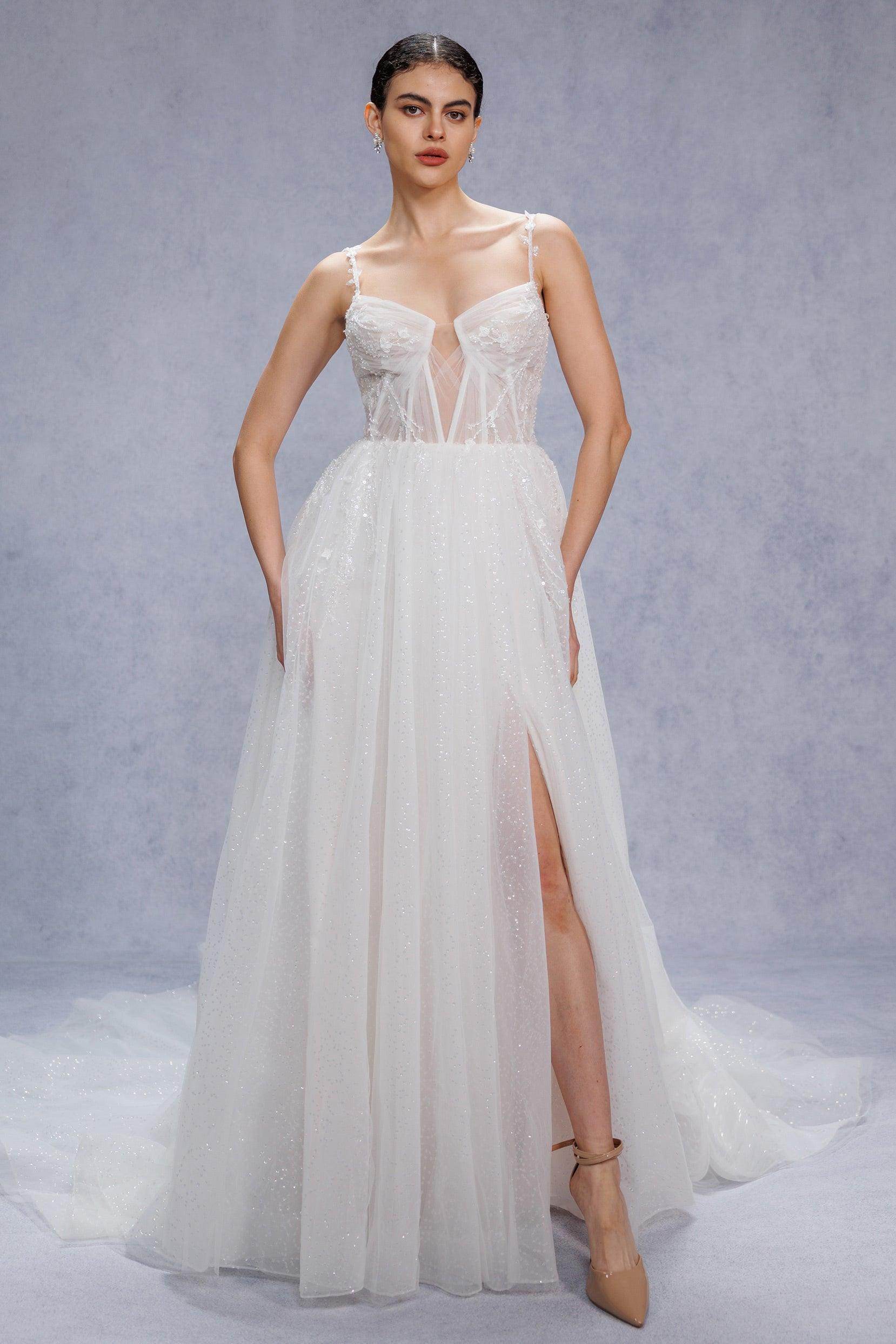 COCOMELODY A-Line Court Train Sparkle Tulle Corset Wedding Dress CW3338, 45 Days / Ivory / US12-UK14-EUR42 COCOMELODY A-Line Court Train Sparkle Tulle Corset Wedding Dress CW3338, 45 Days / Ivory / US12-UK14-EUR42