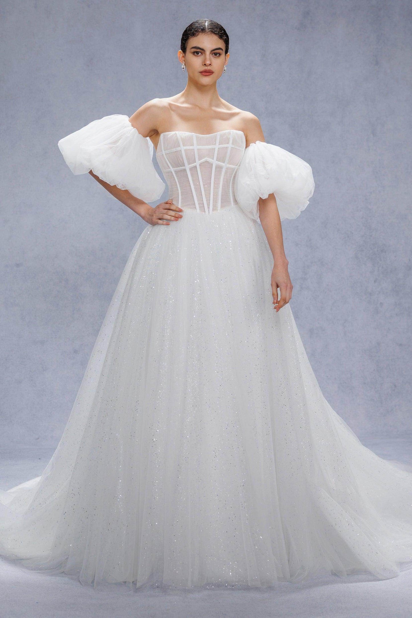 A-Line Court Train Sparkle Tulle Wedding Dress CW3339 - COCOMELODY