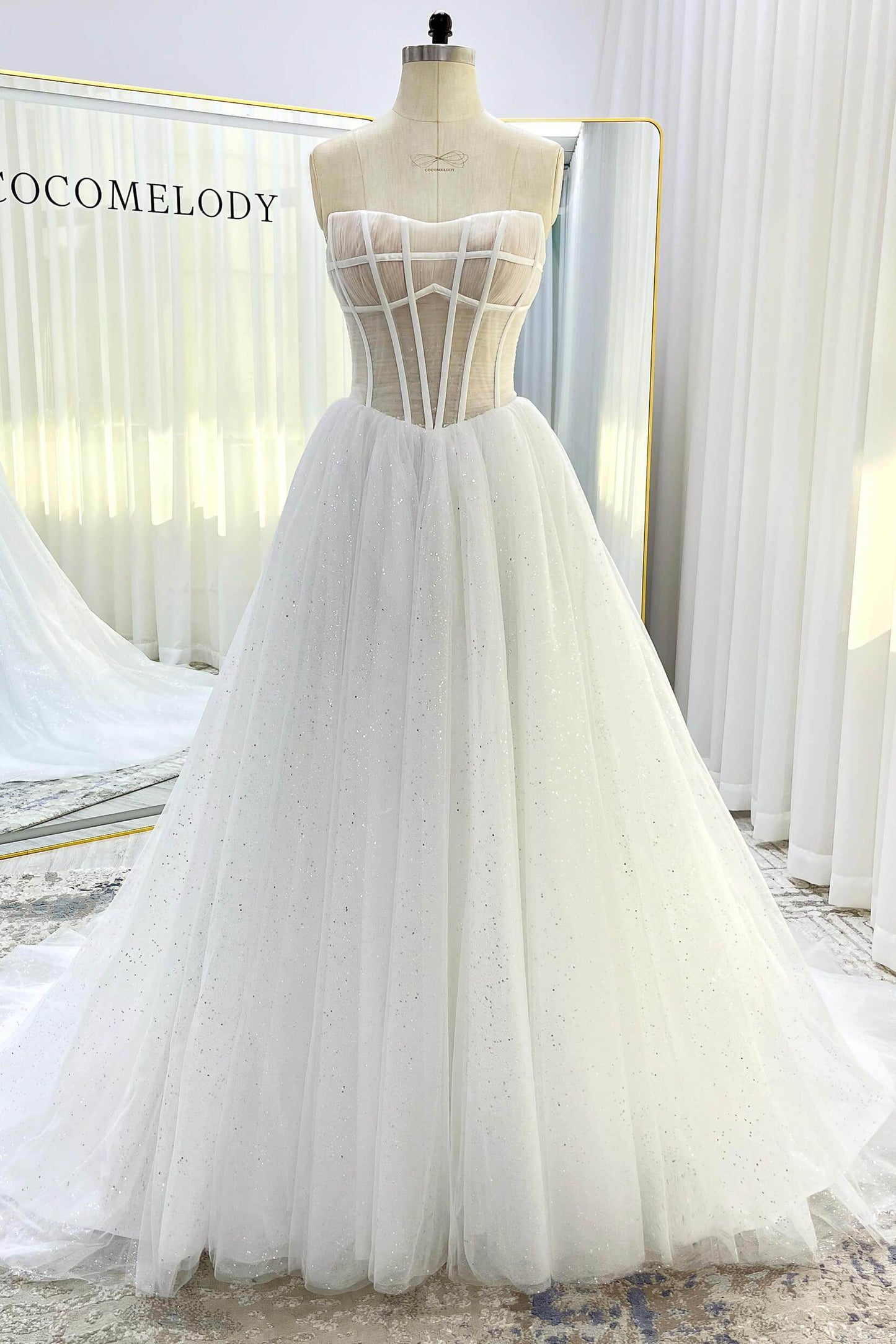 A-Line Court Train Sparkle Tulle Wedding Dress CW3339 - COCOMELODY