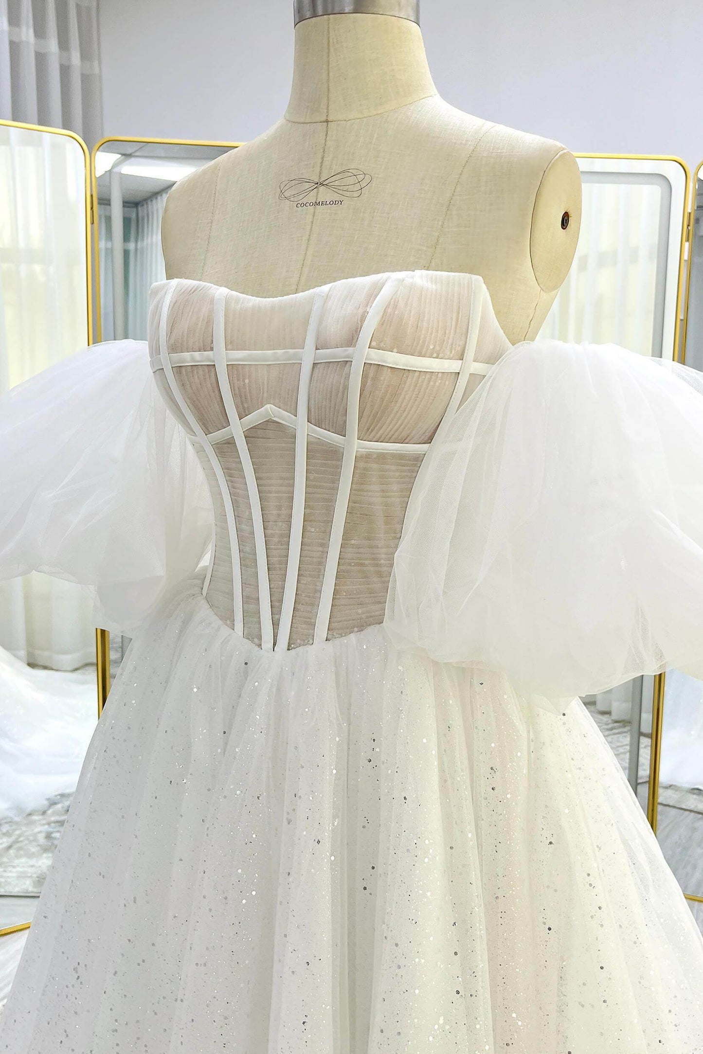 A-Line Court Train Sparkle Tulle Wedding Dress CW3339 - COCOMELODY