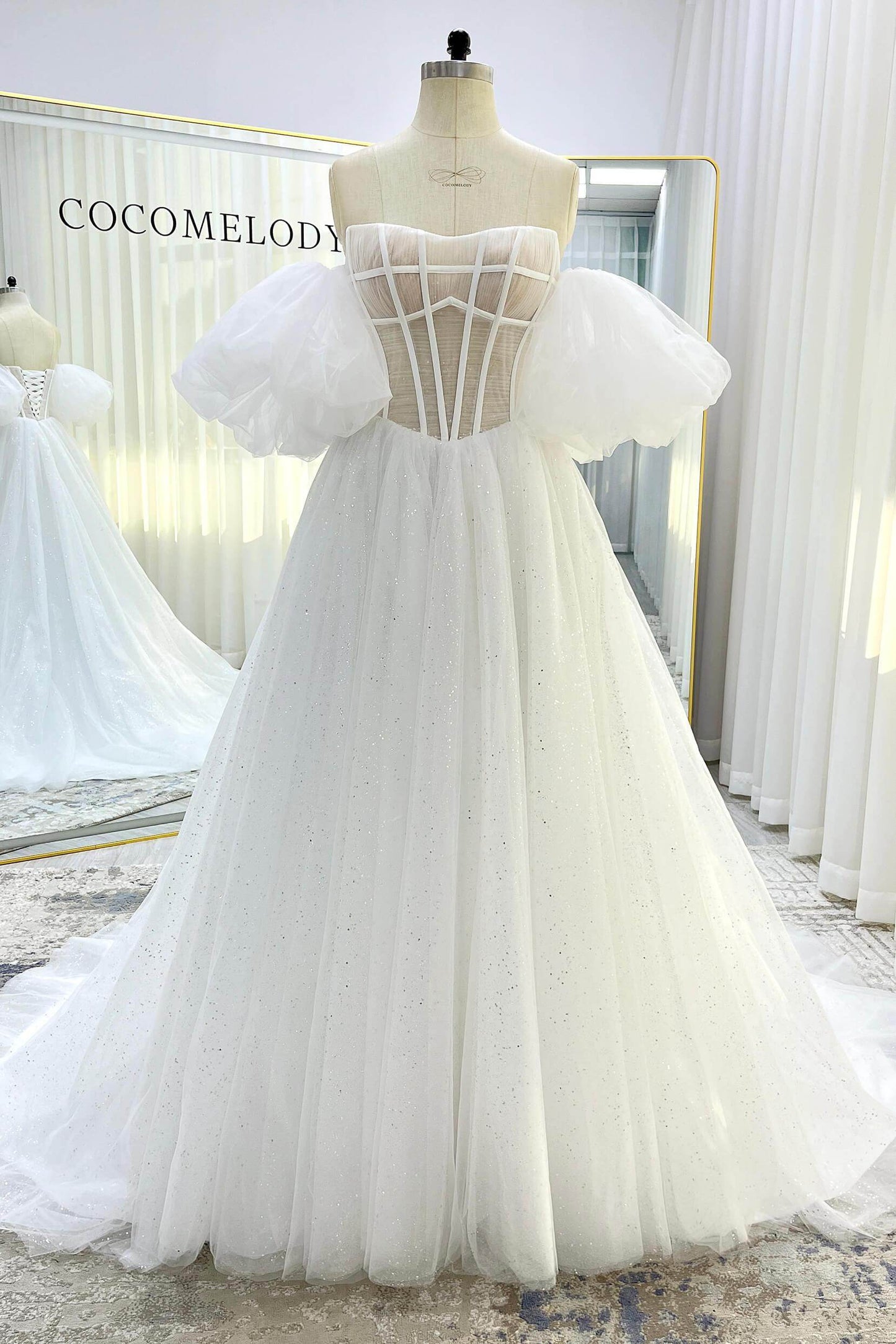 A-Line Court Train Sparkle Tulle Wedding Dress CW3339 - COCOMELODY
