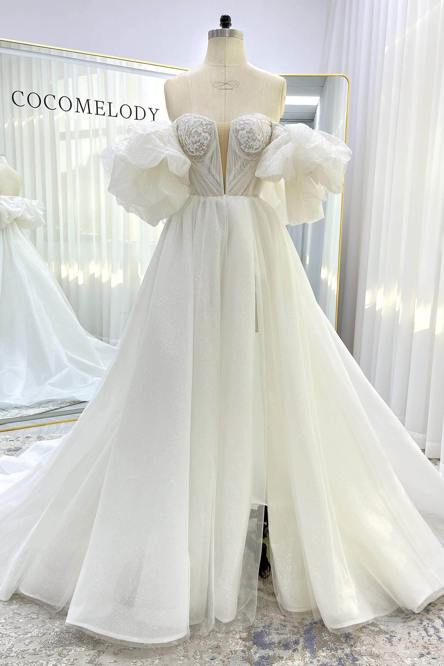A-Line Court Train Glitter Wedding Dress CW3342 - COCOMELODY