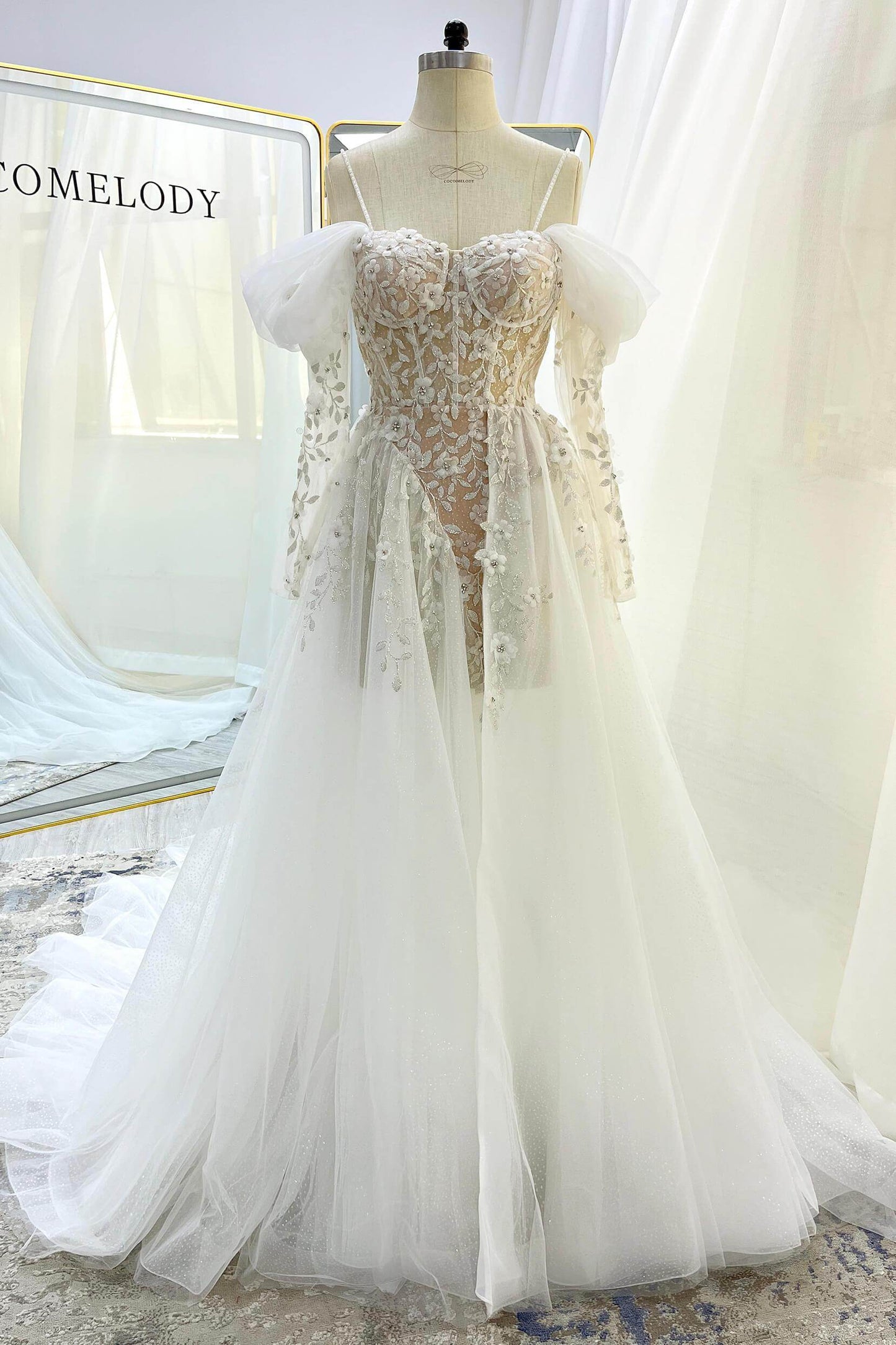 A-Line Court Train Tulle Wedding Dress CW3343 - COCOMELODY