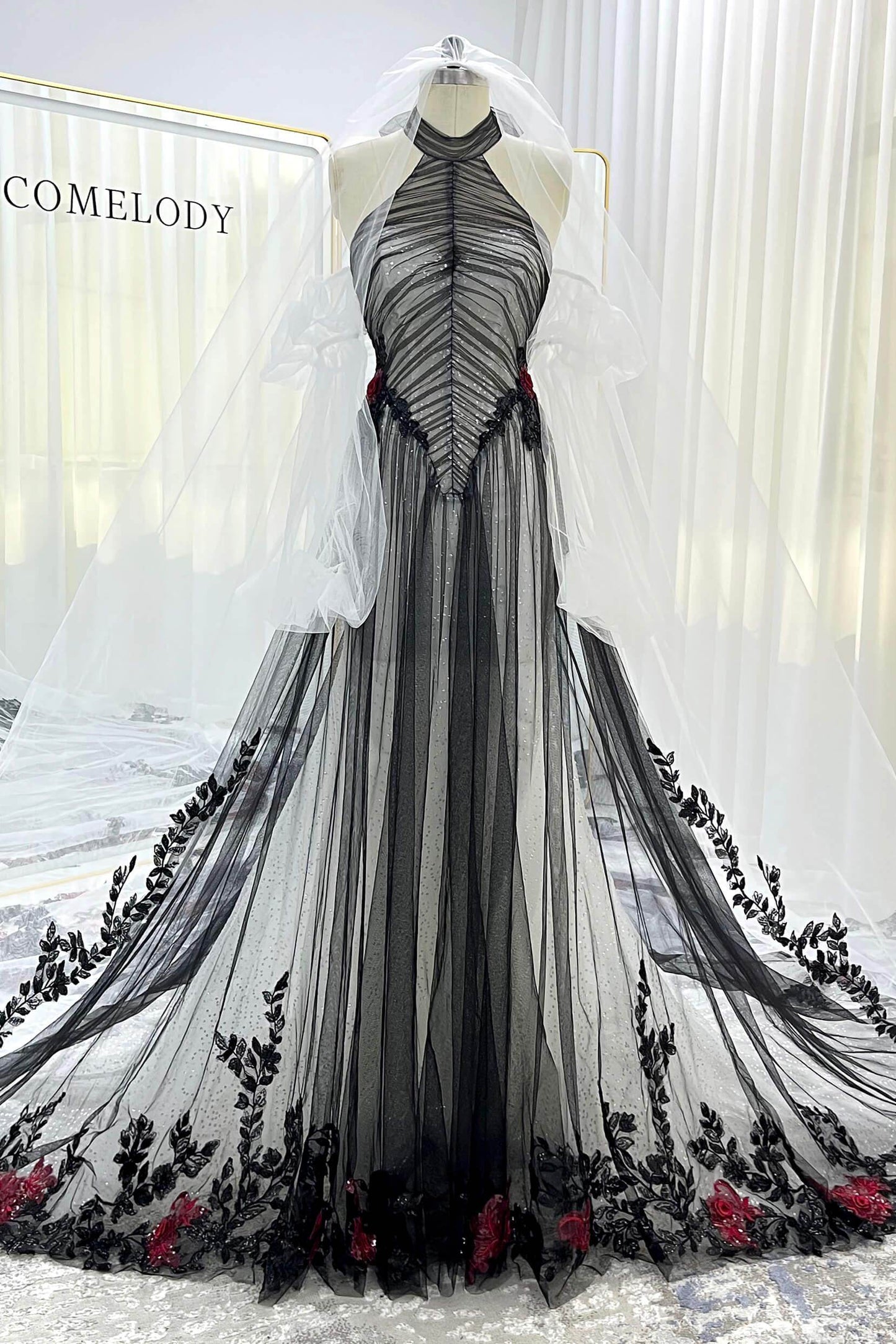 A-Line Cathedral Train Glitter Sparkle Tulle Wedding Dress CW3349 - COCOMELODY