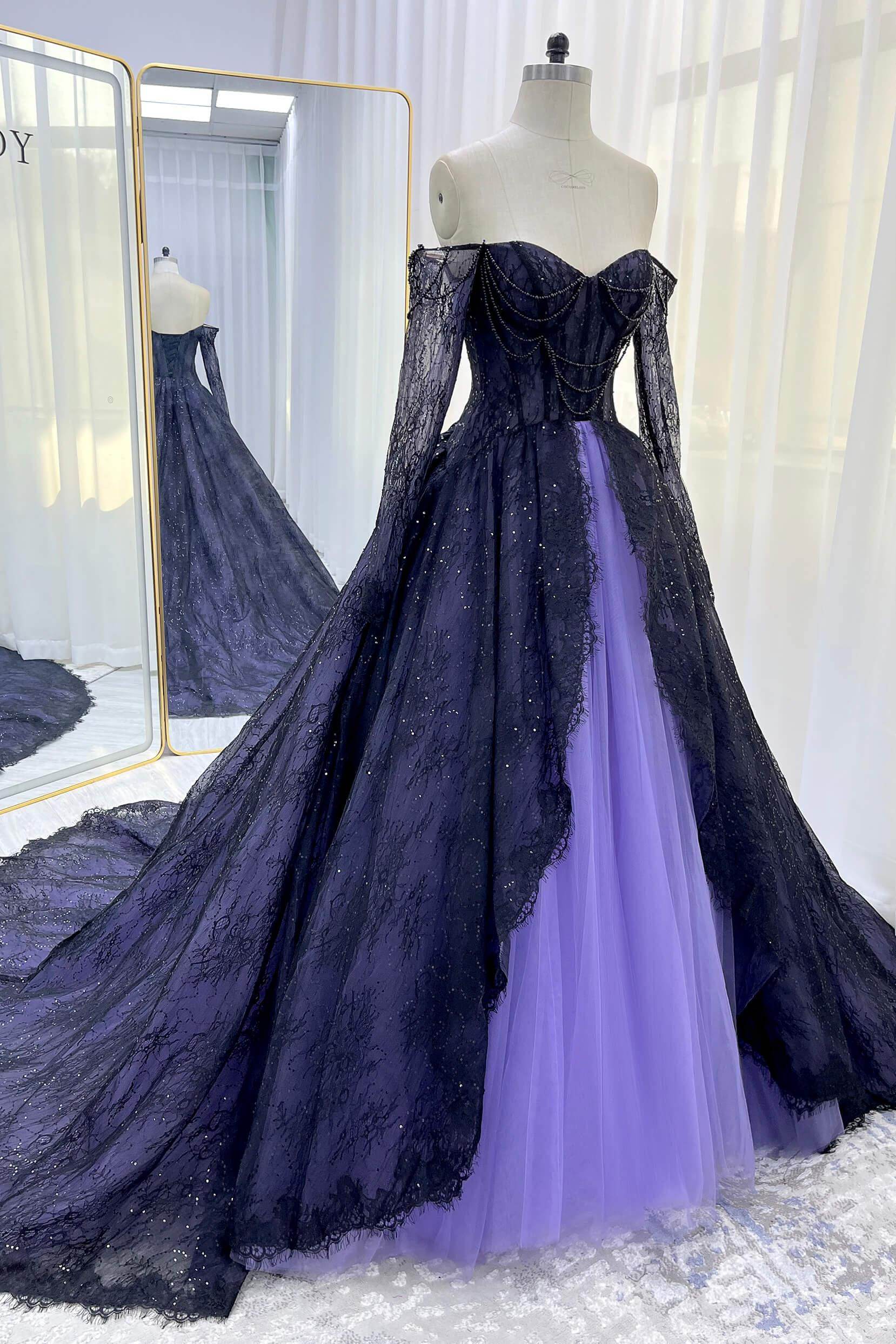 A-Line Chapel Train Sequined Lace Tulle Wedding Dress CW3351 - COCOMELODY