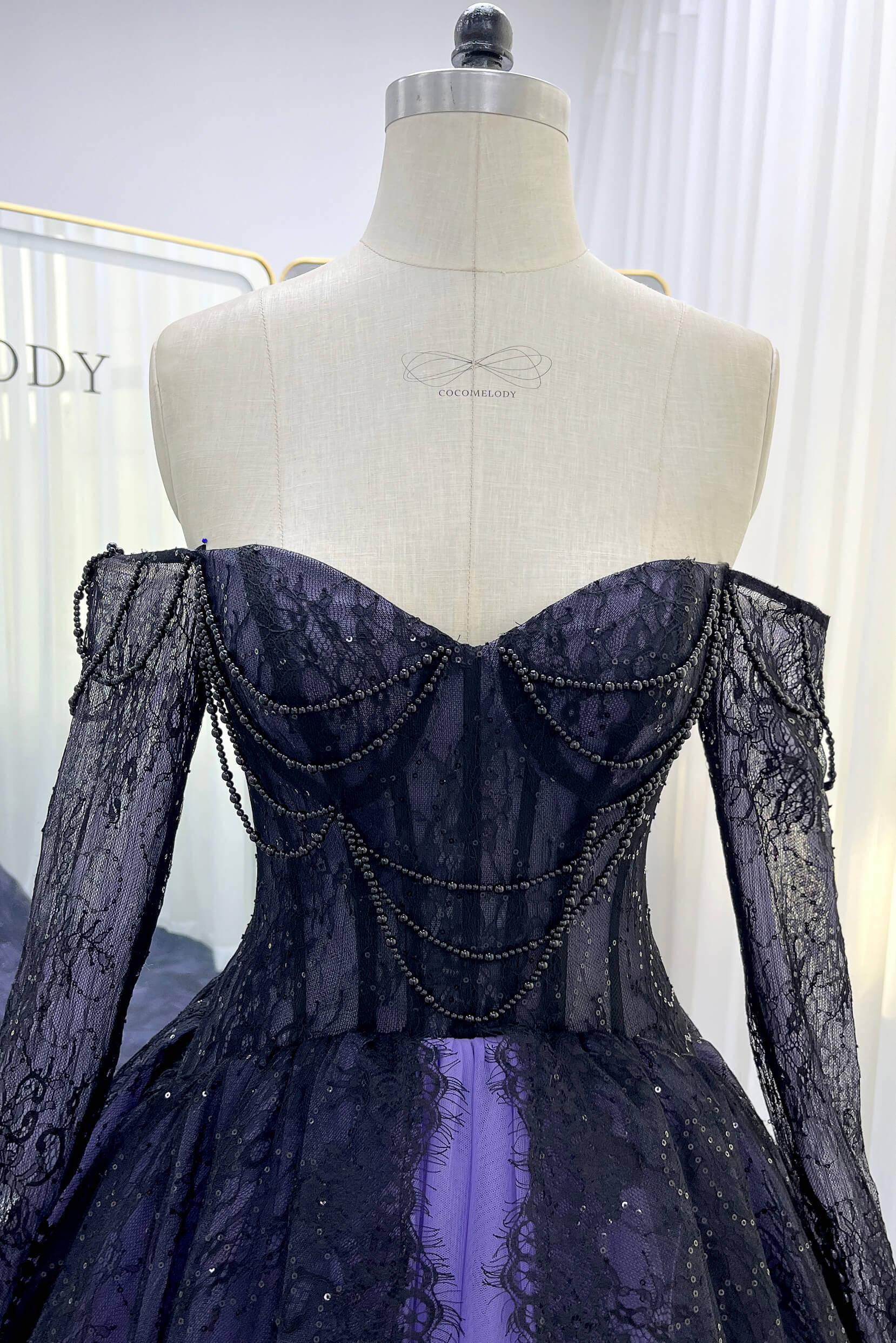 A-Line Chapel Train Sequined Lace Tulle Wedding Dress CW3351 - COCOMELODY