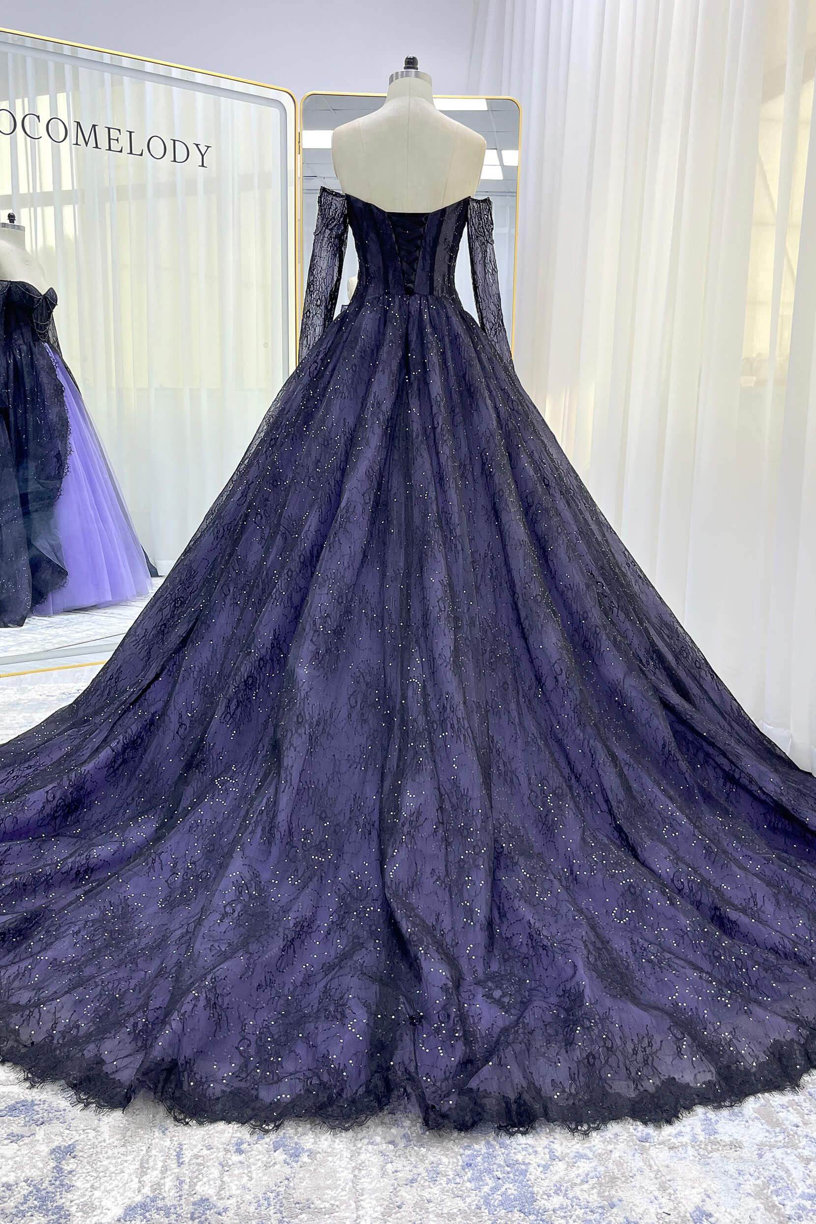 A-Line Chapel Train Sequined Lace Tulle Wedding Dress CW3351 - COCOMELODY