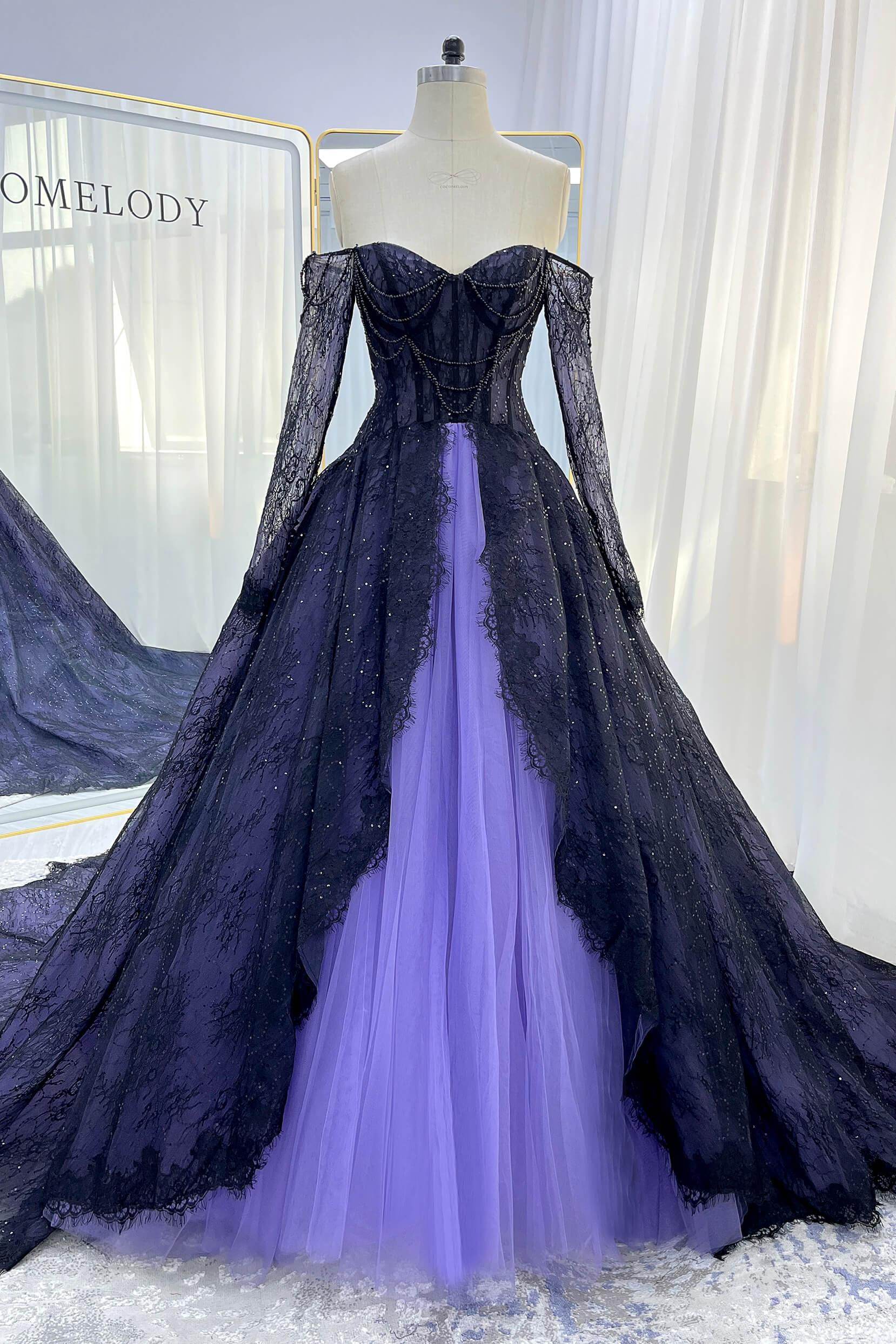 A-Line Chapel Train Sequined Lace Tulle Wedding Dress CW3351 - COCOMELODY