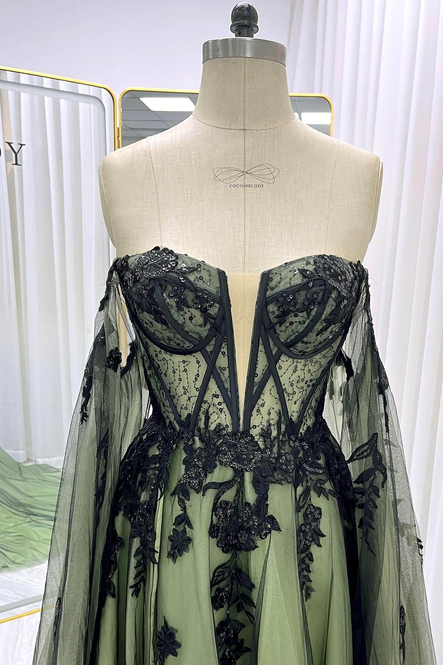 A-Line Court Train Sequined Lace Tulle Wedding Dress CW3352 - COCOMELODY