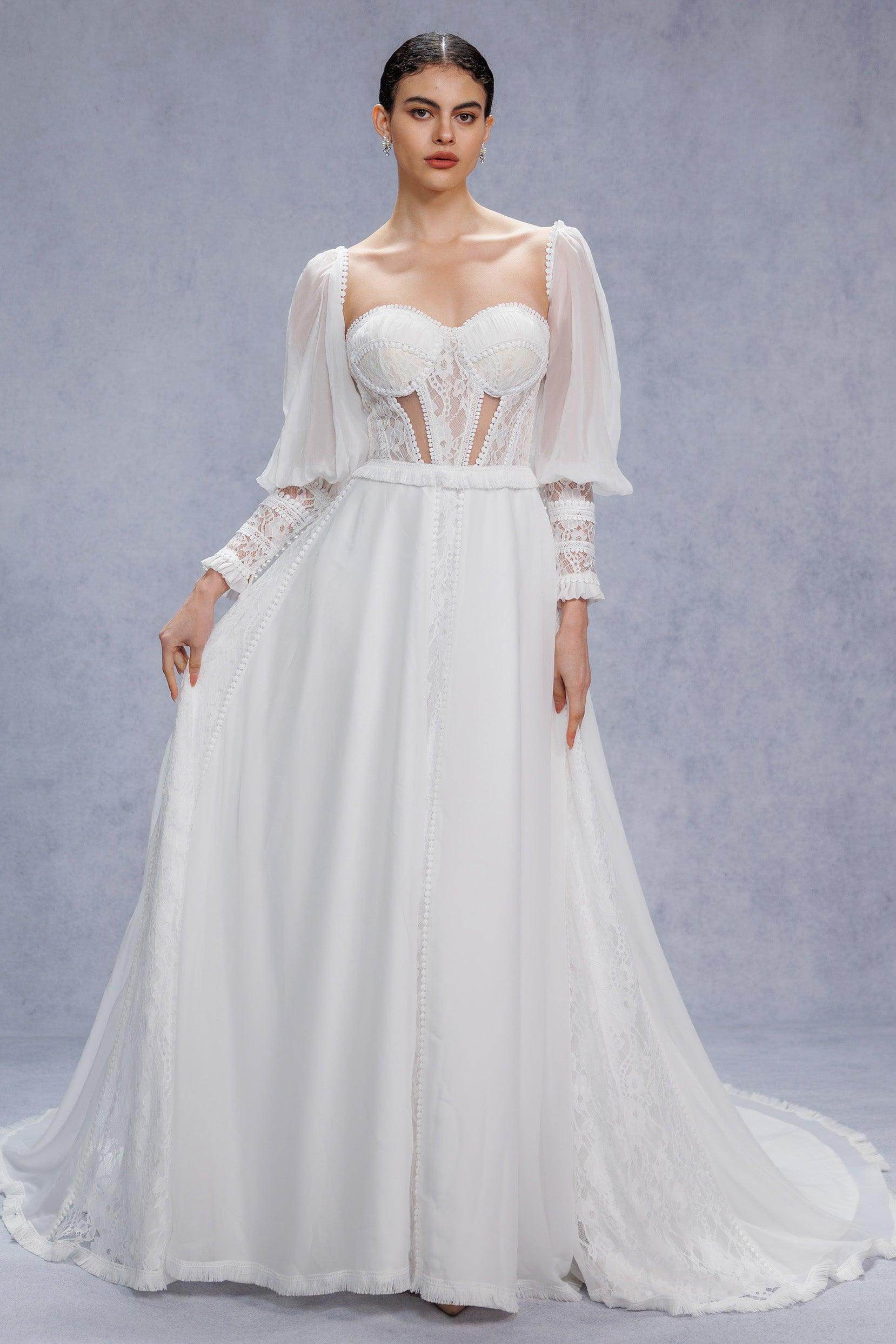 A-Line Court Train Chiffon Lace Wedding Dress CW3357 - COCOMELODY