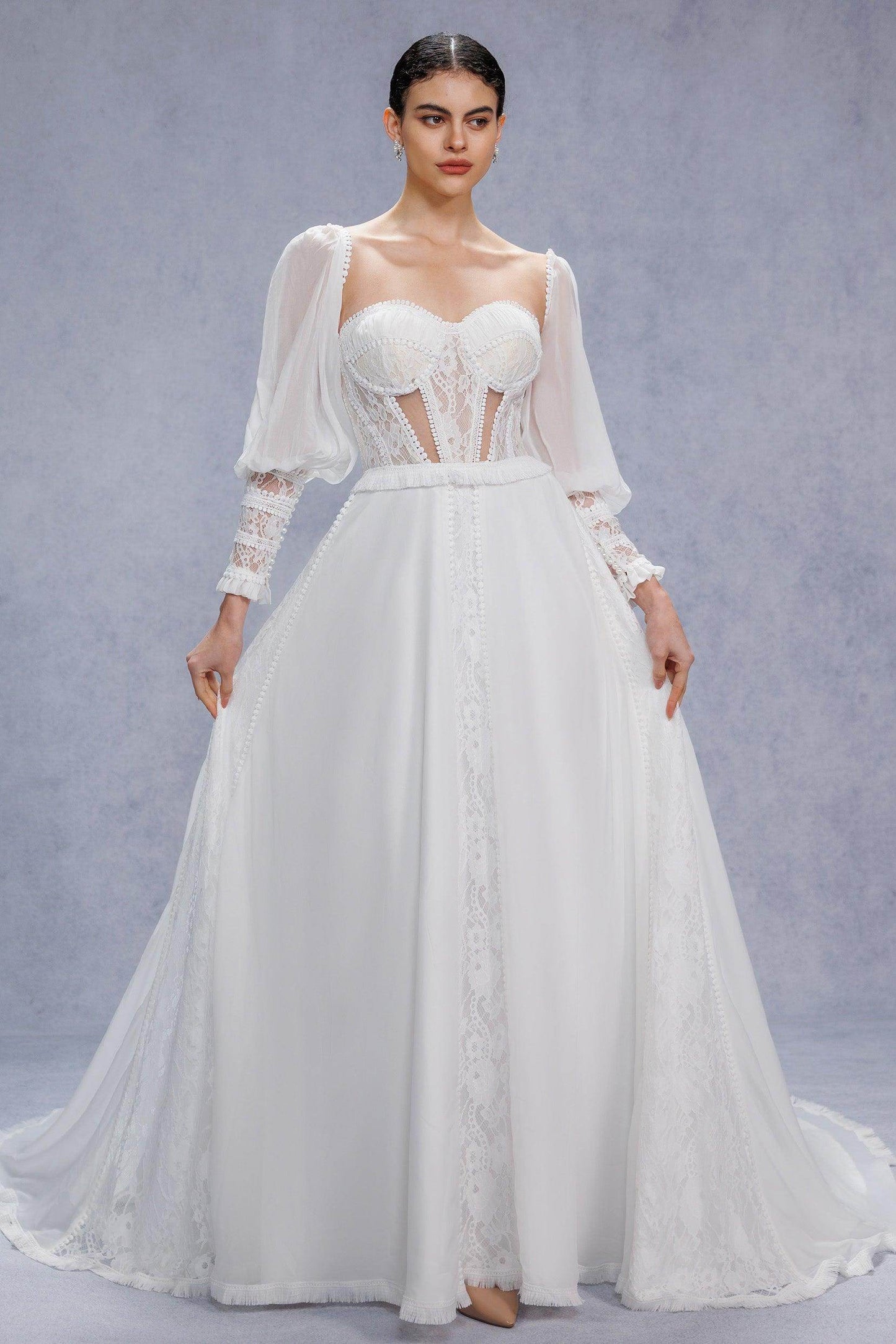 A-Line Court Train Chiffon Lace Wedding Dress CW3357 - COCOMELODY
