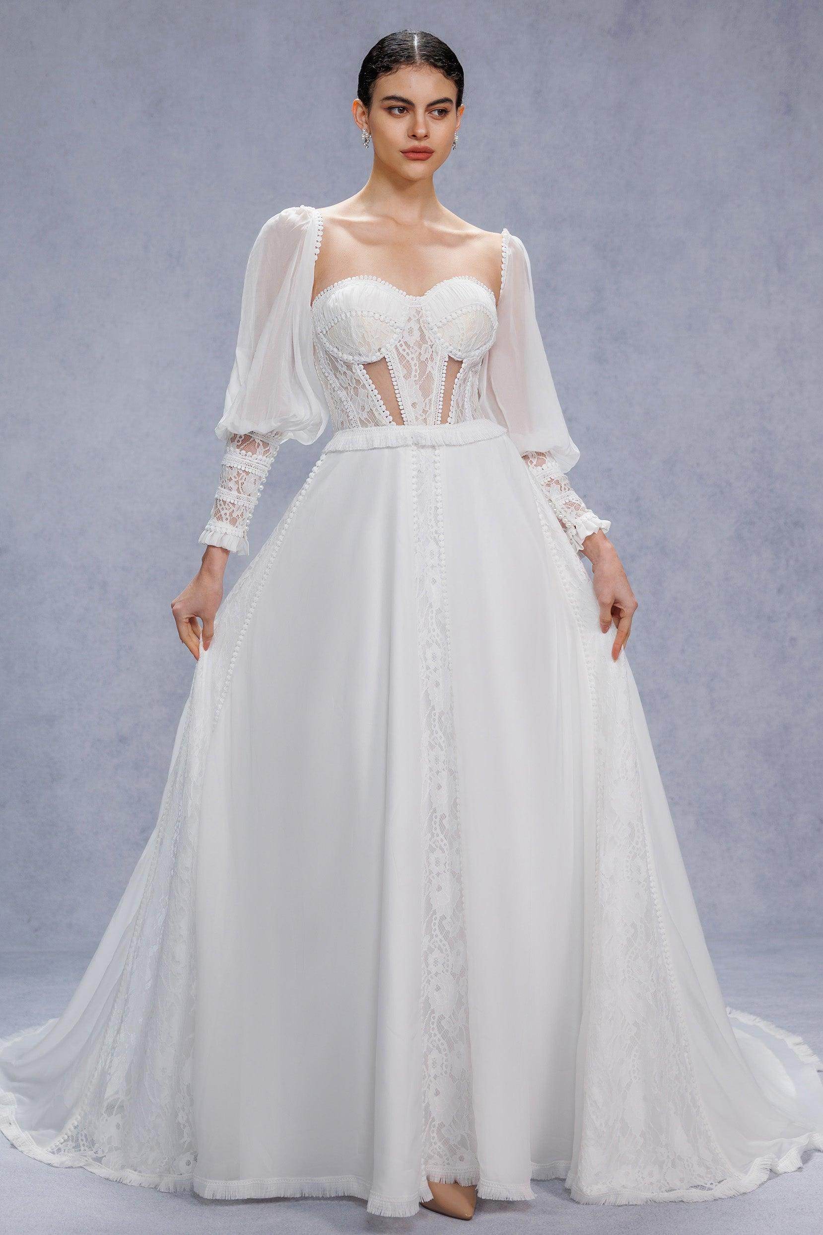 A-Line Court Train Chiffon Lace Wedding Dress CW3357 - COCOMELODY