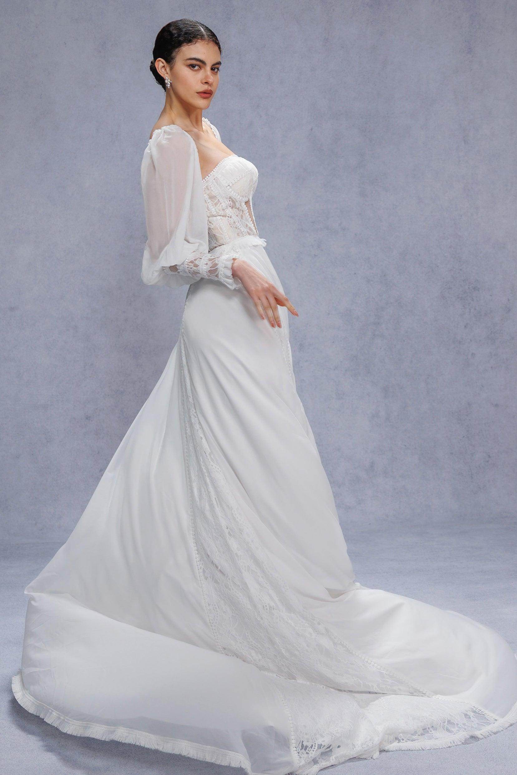 A-Line Court Train Chiffon Lace Wedding Dress CW3357 - COCOMELODY