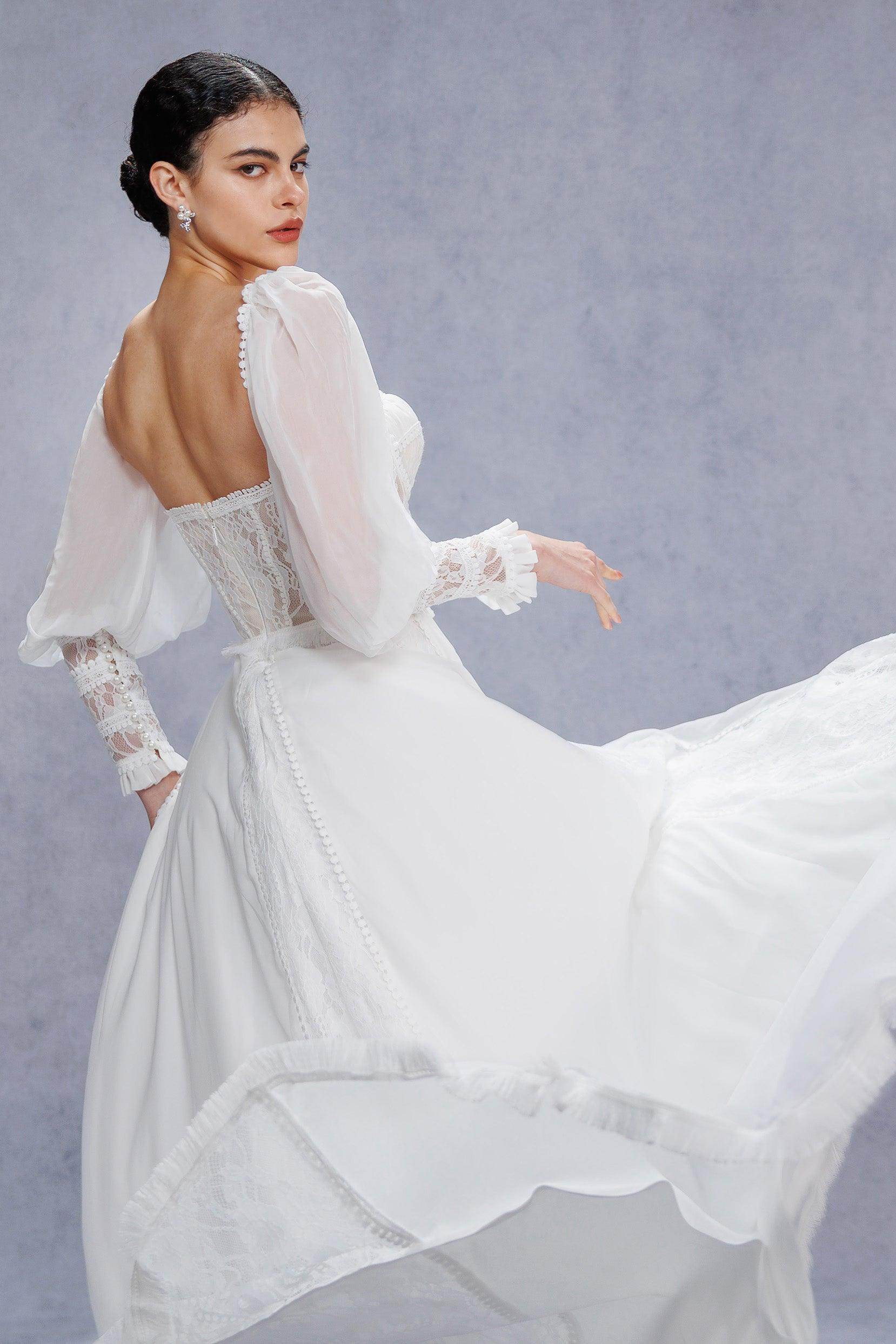 A-Line Court Train Chiffon Lace Wedding Dress CW3357 - COCOMELODY