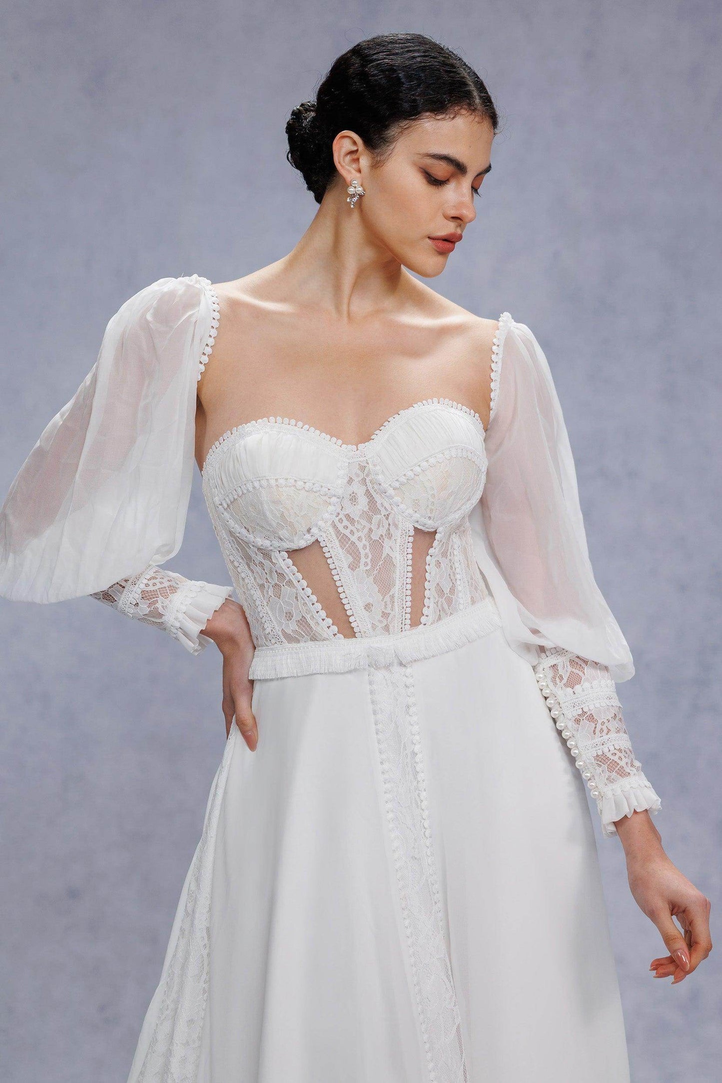 A-Line Court Train Chiffon Lace Wedding Dress CW3357 - COCOMELODY