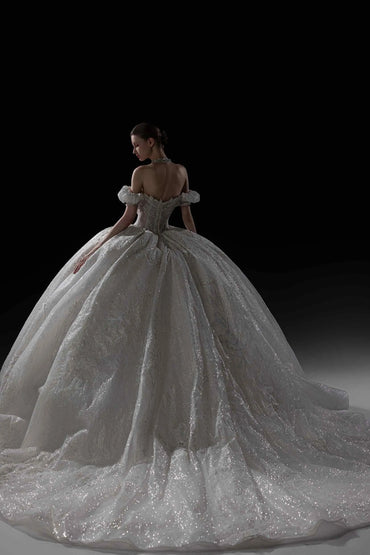 Ball Gown Cathedral Train Glitter Wedding Dress CW3362
