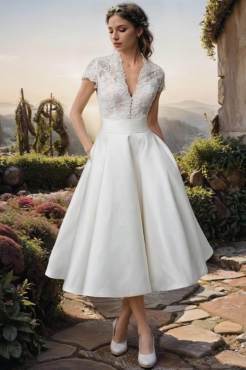 A Line Lace Satin Ankle-Length Wedding Dress Pockets Elegant Bridal Shower Dress COCOMELODY CW3377, 20 Days / Ivory / US14-UK16-EUR44 A Line Lace Satin Ankle-Length Wedding Dress Pockets Elegant Bridal Shower Dress COCOMELODY CW3377, 20 Days / Ivory / US14-UK16-EUR44
