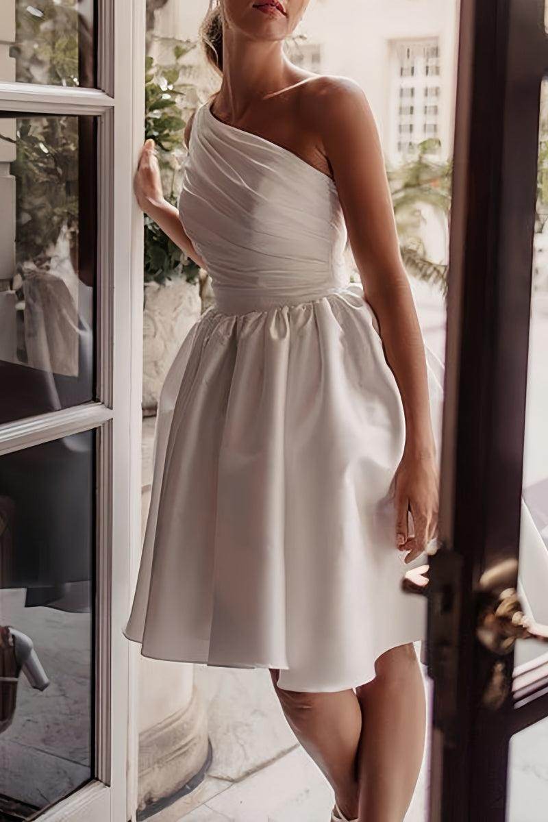 One Shoulder Satin Knee-Length Little White Dress CW3382 - COCOMELODY