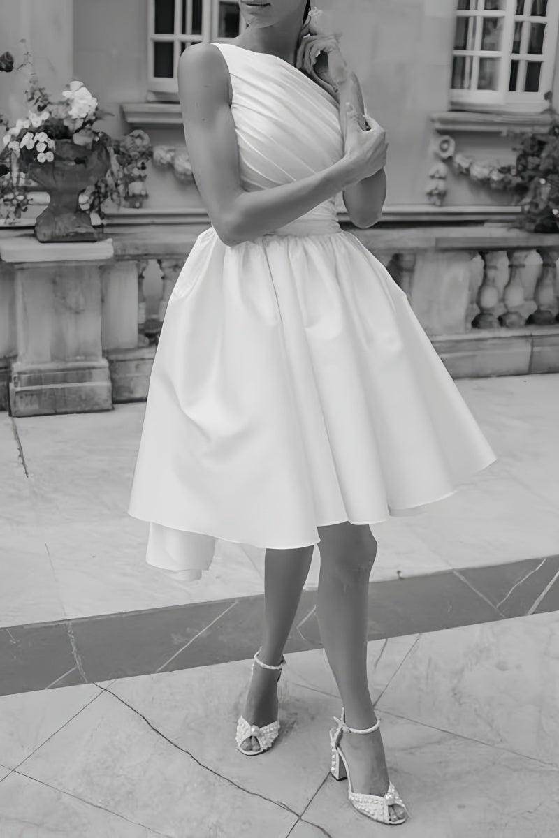 One Shoulder Satin Knee-Length Little White Dress CW3382 - COCOMELODY