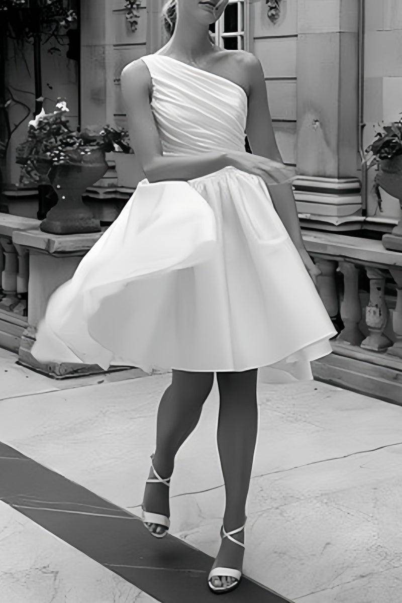 One Shoulder Satin Knee-Length Little White Dress CW3382 - COCOMELODY