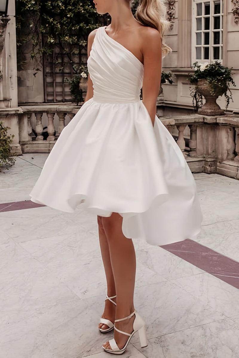 One Shoulder Satin Knee-Length Little White Dress CW3382 - COCOMELODY