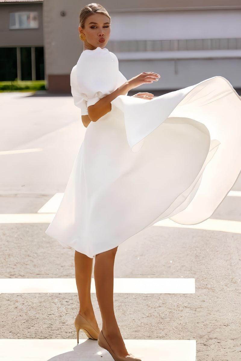 Short Sleeve Satin Tea-Length Little White Dress CW3384 - COCOMELODY