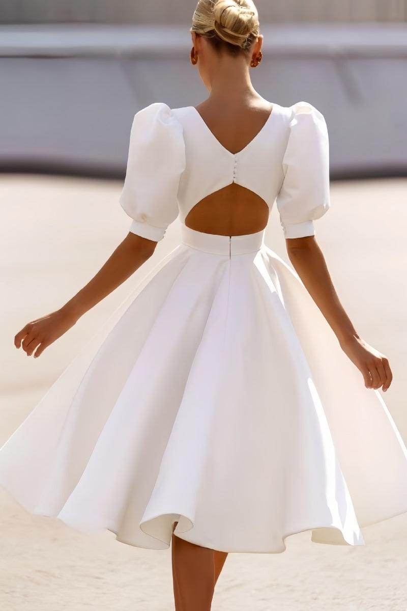 Short Sleeve Satin Tea-Length Little White Dress CW3384 - COCOMELODY