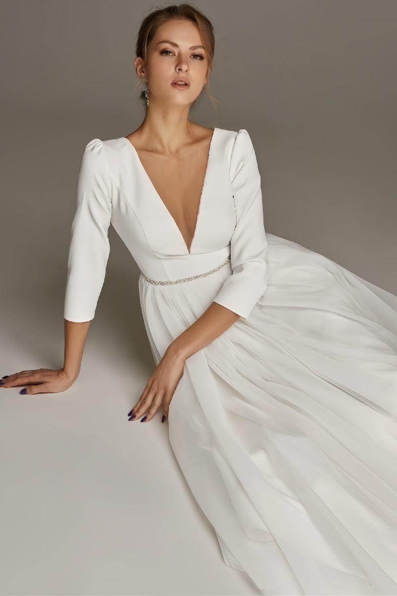 A-Line V-Neck Beaded Satin Tulle Ankle-Length Dress CW3391 - COCOMELODY