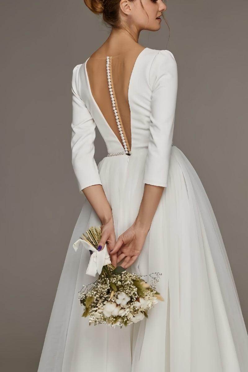 A-Line V-Neck Beaded Satin Tulle Ankle-Length Dress CW3391 - COCOMELODY
