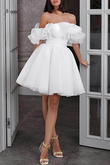 Off-The-Shoulder Mini Organza Wedding Dress CW3395 - COCOMELODY