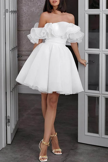Off-The-Shoulder Mini Organza Wedding Dress CW3395CR - COCOMELODY