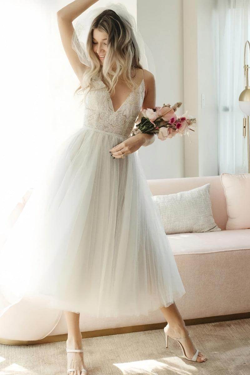 A-Line Boho Ankle Length Lace Tulle Wedding Dress V-Neck Bridal Shower Dress COCOMELODY CW3396, 20 Days / Ivory / US14-UK16-EUR44 A-Line Boho Ankle Length Lace Tulle Wedding Dress V-Neck Bridal Shower Dress COCOMELODY CW3396, 20 Days / Ivory / US14-UK16-EUR44