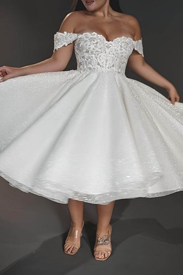 A-Line Off-The-Shoulder Tea-Length Wedding Dress CW3397 - COCOMELODY