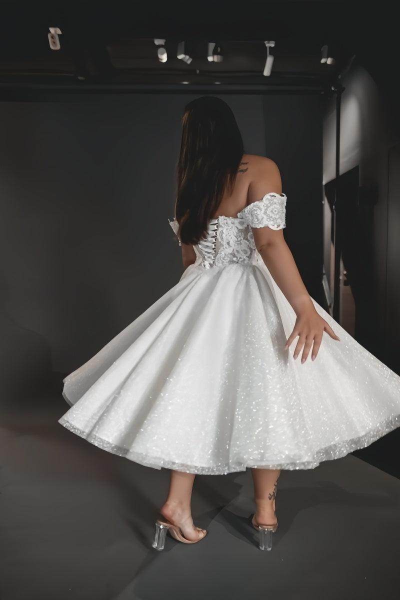 A-Line Off-The-Shoulder Tea-Length Wedding Dress CW3397 - COCOMELODY