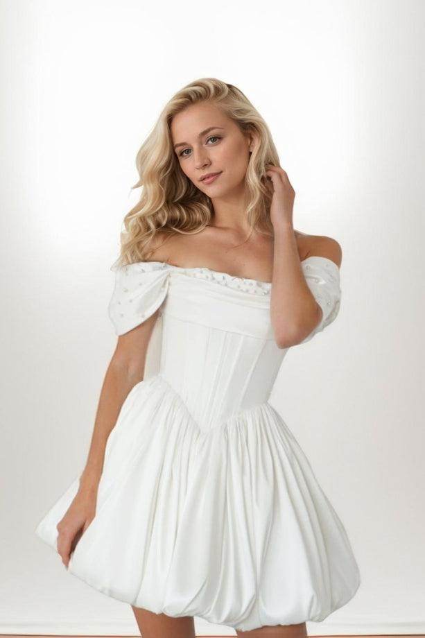 A-Line Mikado Short Wedding Dress with Pearls COCOMELODY CW3404CR A-Line Mikado Short Wedding Dress with Pearls COCOMELODY CW3404CR