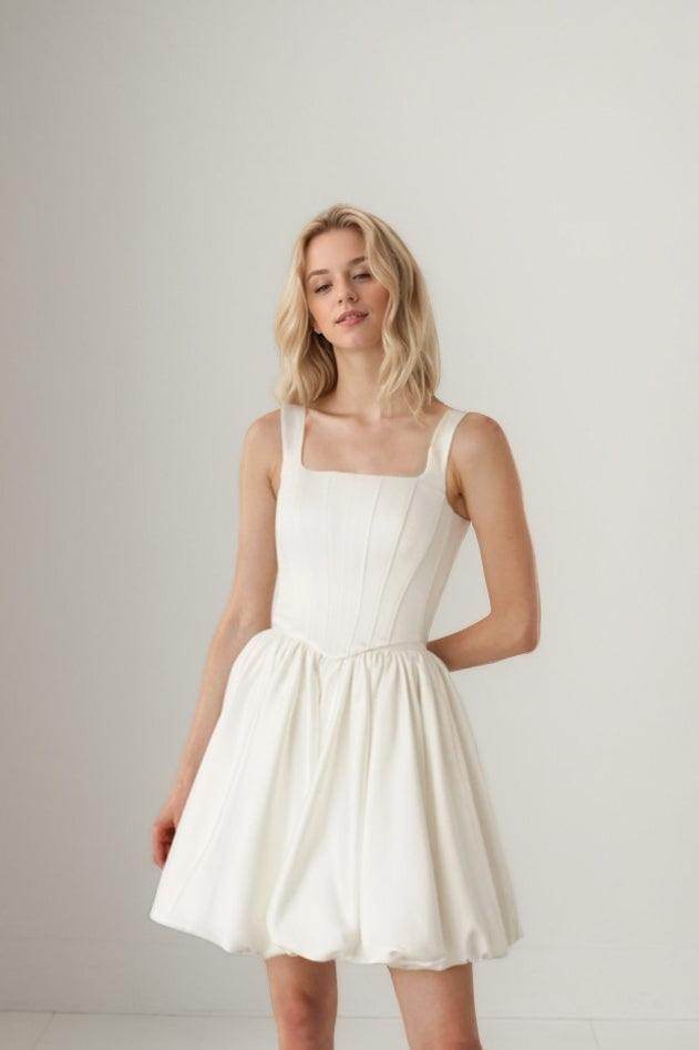 A-Line Drop Waist Short-Mini Satin Wedding Dress COCOMELODY CW3405, 25 Days / Ivory / US18-UK20-EUR48 A-Line Drop Waist Short-Mini Satin Wedding Dress COCOMELODY CW3405, 25 Days / Ivory / US18-UK20-EUR48