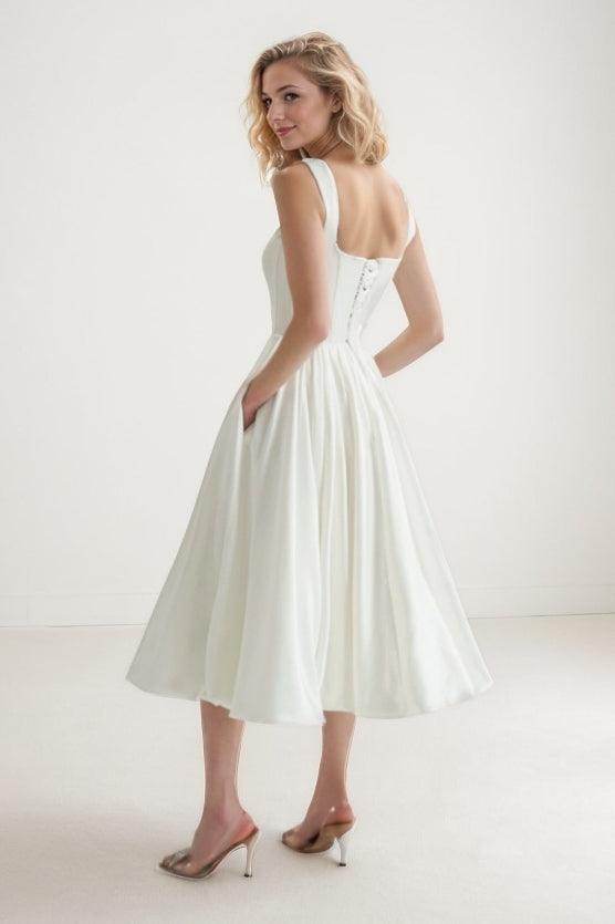 A-Line Tea Length Satin Wedding Dress CW3406 - COCOMELODY