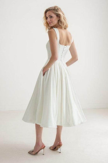 A-Line Tea Length Satin Wedding Dress CW3406 - COCOMELODY