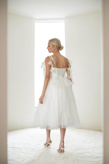 A-Line Tea Length Glitter Tulle Wedding Dress CW3410 - COCOMELODY