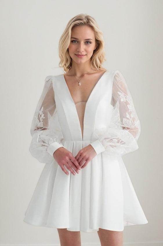 A-Line Satin Lace Short Wedding Dress White Appliques COCOMELODY CW3412, 25 Days / Ivory / US22-UK24-EUR52 A-Line Satin Lace Short Wedding Dress White Appliques COCOMELODY CW3412, 25 Days / Ivory / US22-UK24-EUR52
