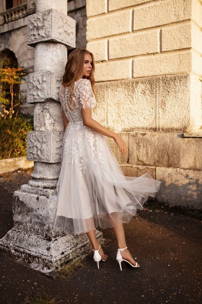 A-Line Tea Length Lace Tulle Wedding Dress CW3427CR - 3 Days / Ivory / US18-UK20-EUR48 - COCOMELODY